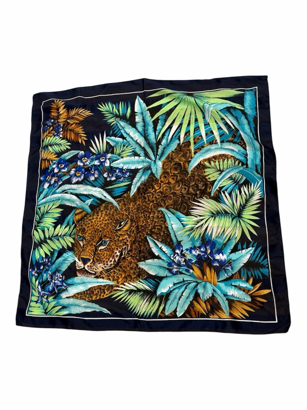 Leopard & Tropical Print Square Scarf in Black and Teal